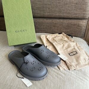 Gucci Grey Perforated Rubber Slip On Shoe Slide Mule Clog